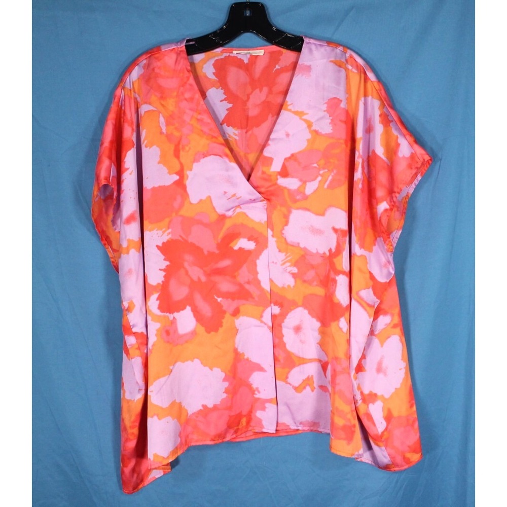 ENTRO Orange/Coral TROPICAL FLORAL Satin V-NECK Flowy BLOUSE/TOP Sz M